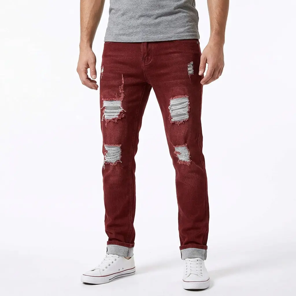 Men's Aesthetic Pants, Plain Red Slim Fit Ripped Jeans in Soft Distressed Stretch Breathable Denim, Casual Menswear, Vibe, Grunge Aesthetic, Stretchable Big Beige, Standout Distressed, Edge Wear, Slimming
