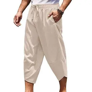 COOFANDY Men's Linen Harem Capri Pants Lightweight Loose 3/4 Shorts Drawstring Elastic Waist Casual Beach Yoga Trousers Menswear Baggy Canvas Hippie Canvas Hippie Beige Tropical Plain