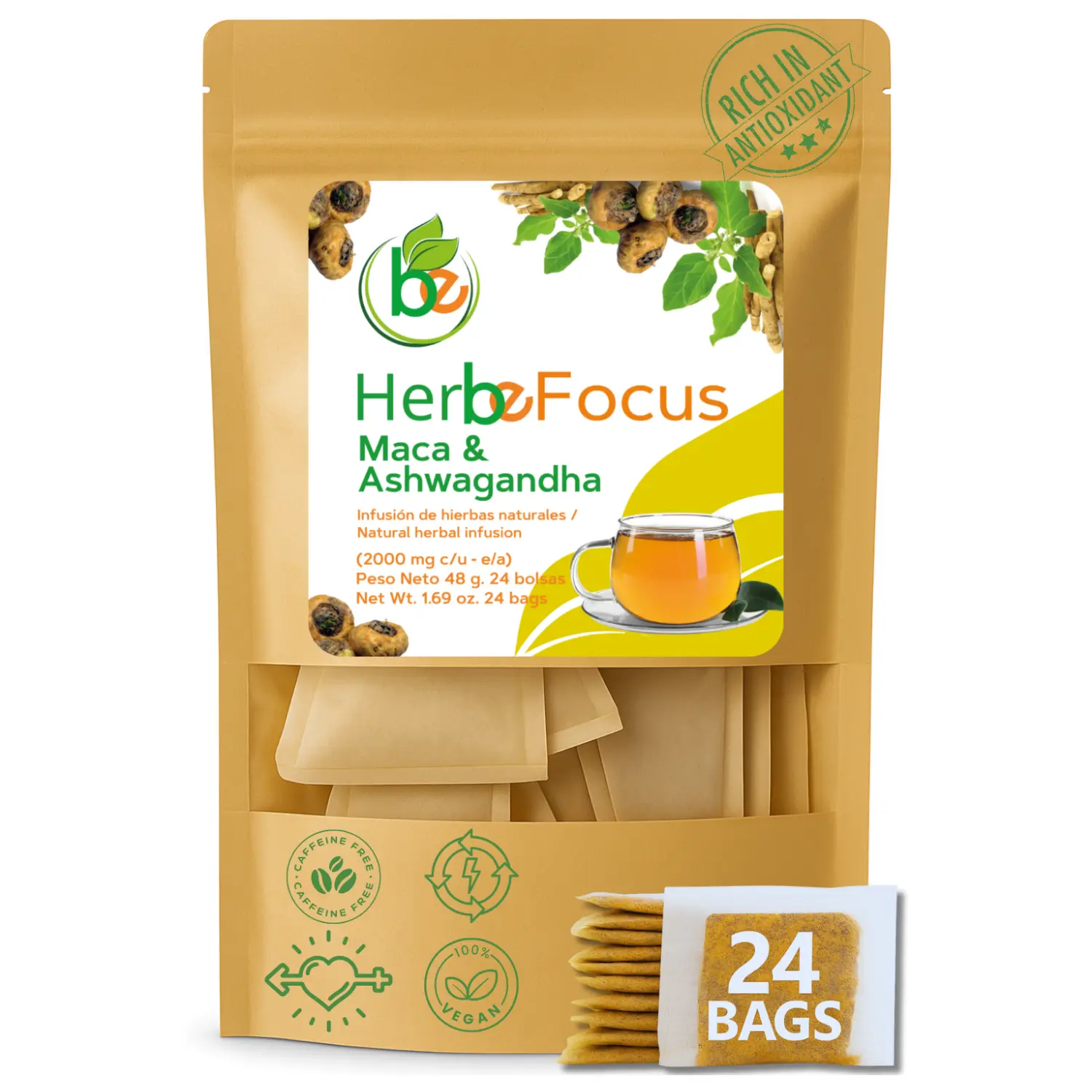 Maca & Ashwagandha Herbal Tea – 24 Tea Bags (2000 mg Each) – Traditional Herbal Infusion – 100% Natural, Non-GMO, Caffeine-Free –Authentic Peruvian-Inspired Botanical Blend – Daily Wellness Support – By BexpertsUSA