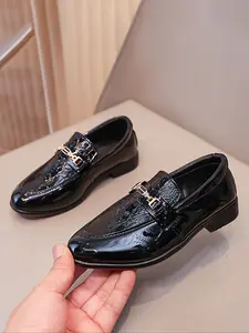 British Style Leather Oxford Shoes, Crocodile Texture, Metal Buckle, Slip-On, Closed, Anti-Slip, Durable, School, Formal, Casual, Rubber, Walking Shoes