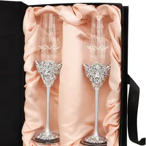 Royal Custom Wine Glasses - Personalized with Names & Date - 2 Elegant Crystal-Embellished Flutes in Gift Box