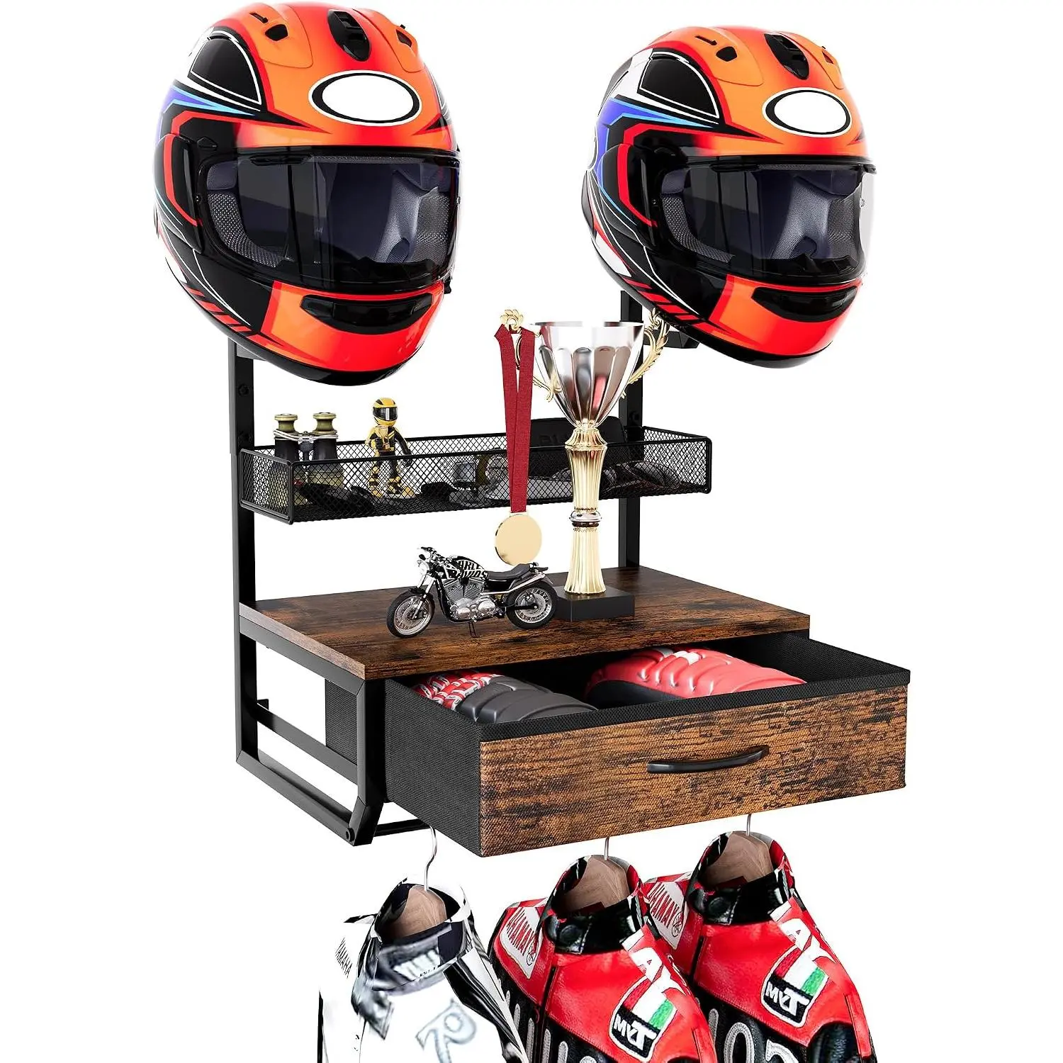 Helmet Holder Wall Mount, Hold up to 2 Helmets, Motorcycle Helmets Rack with Drawer and Mesh Basket for Motorcycle Accessories, Hanging Protective Gear Shelf for Backpack Boots