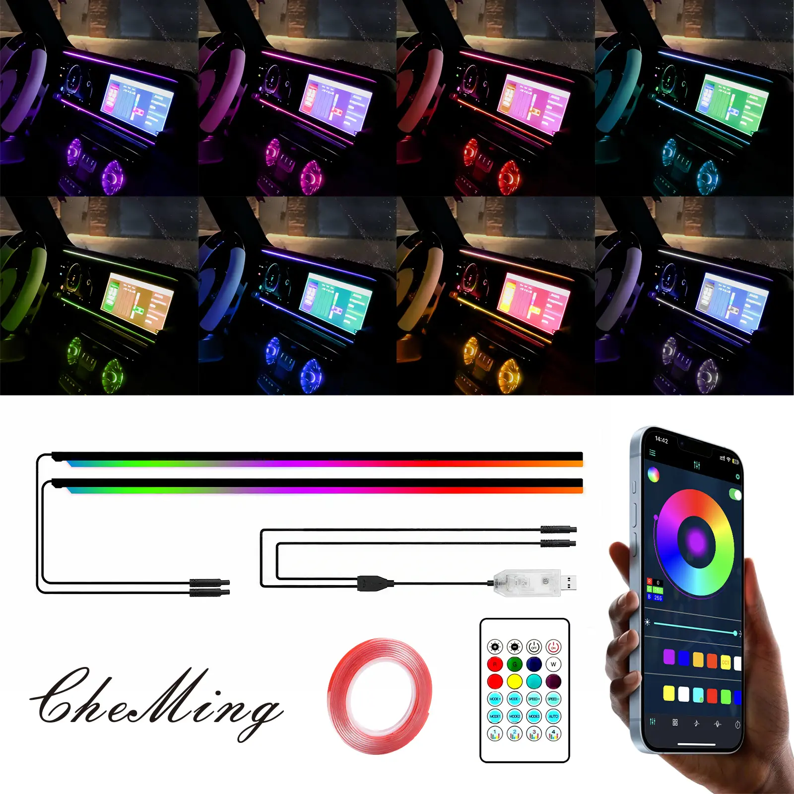 Automotive LED Cold Light Wireless Atmosphere Lamp, 110cm+110cm Acrylic 12V Decorative Light, Remote/APP Control, Rechargeable USB Plug, Dashboard Use (200g)