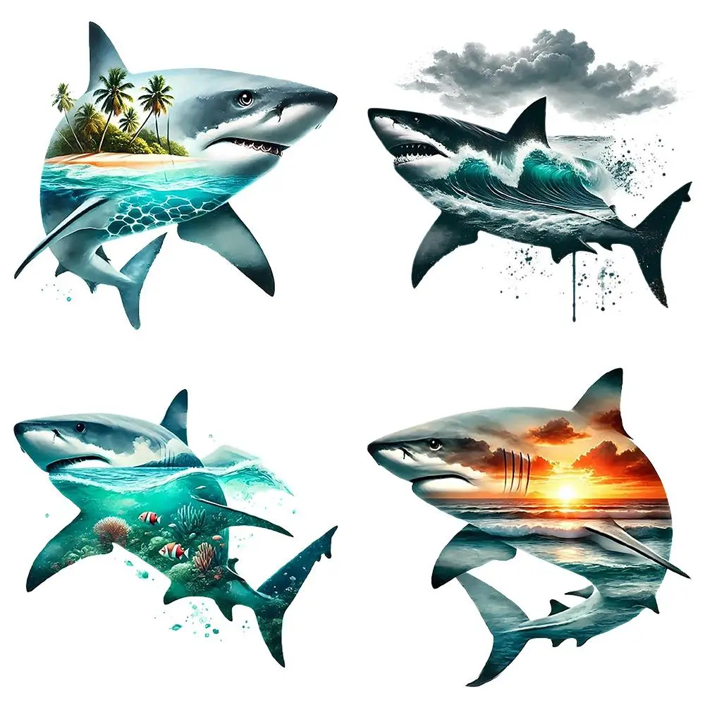 Shark Pattern Iron-on Transfer Sticker, 4 Counts/set Cartoon-style Design PVC Heat Transfer Sticker, DIY T-shirts & Backpacks Decoration DIY Supplies, Craft Supplies