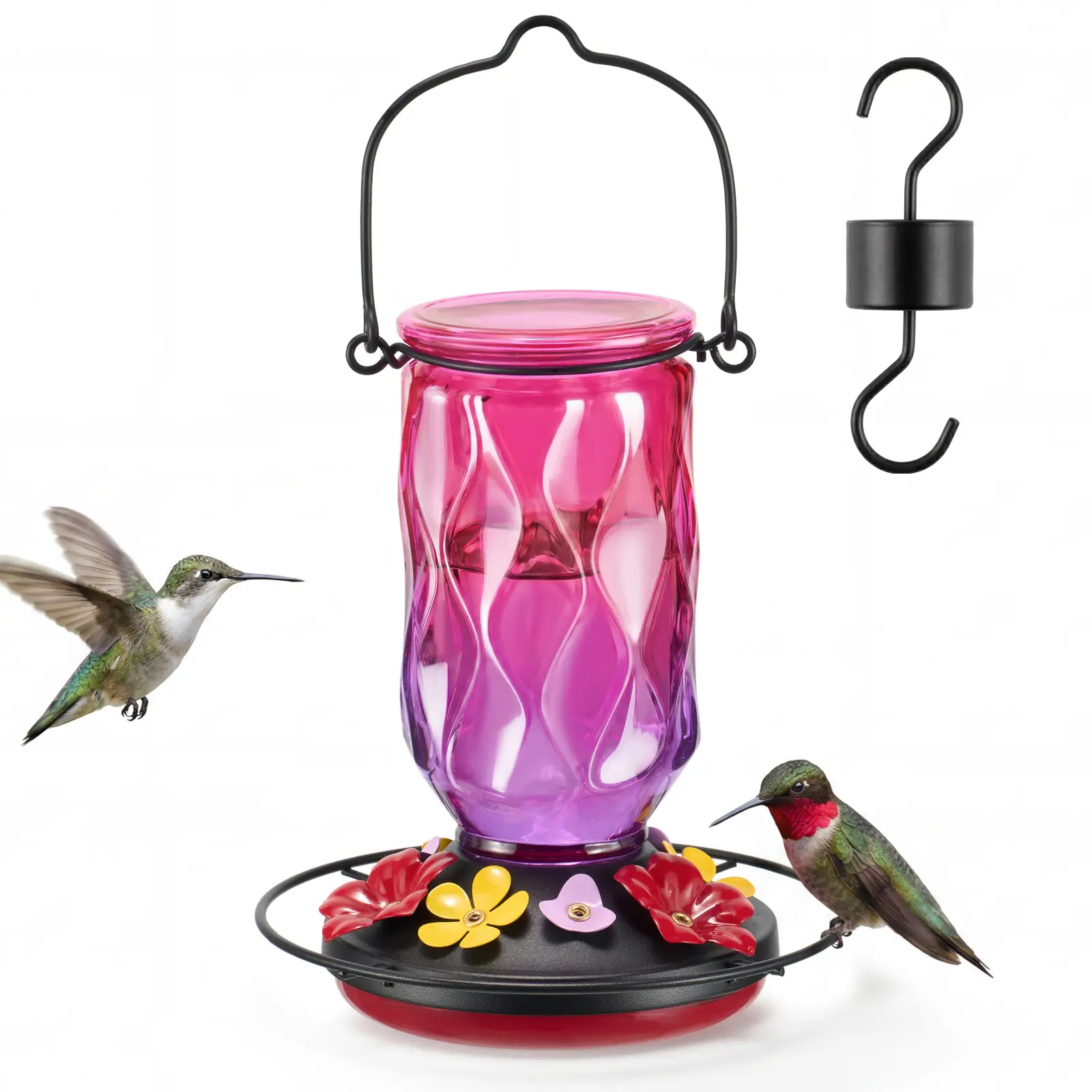 Kingsyard Glass Hummingbird Feeder for Outdoors Hanging, 20 oz Leak-Proof Wild Bird Nectar Feeders with 9 Bee Guard Ports & Ant Moat, Garden Yard Art Decor Gifts for Mom, Red