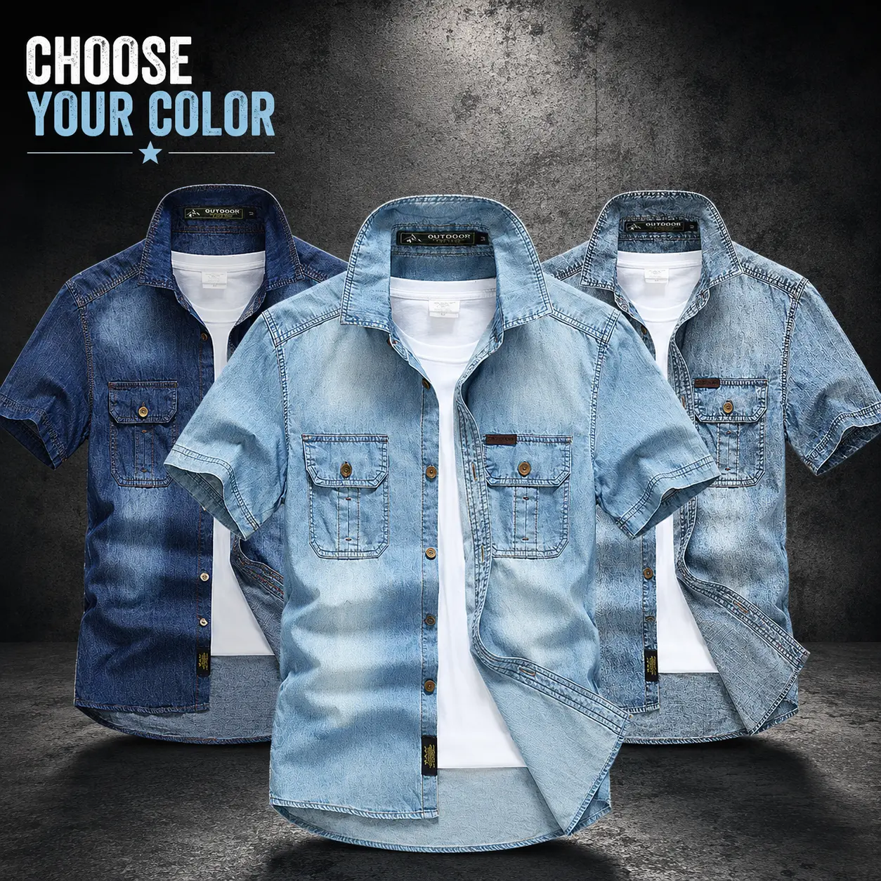 Men’s denim collared short-sleeve shirt, breathable cotton work shirt, classic rugged casual multi-pocket top suitable for outdoor activities and everyday wear.