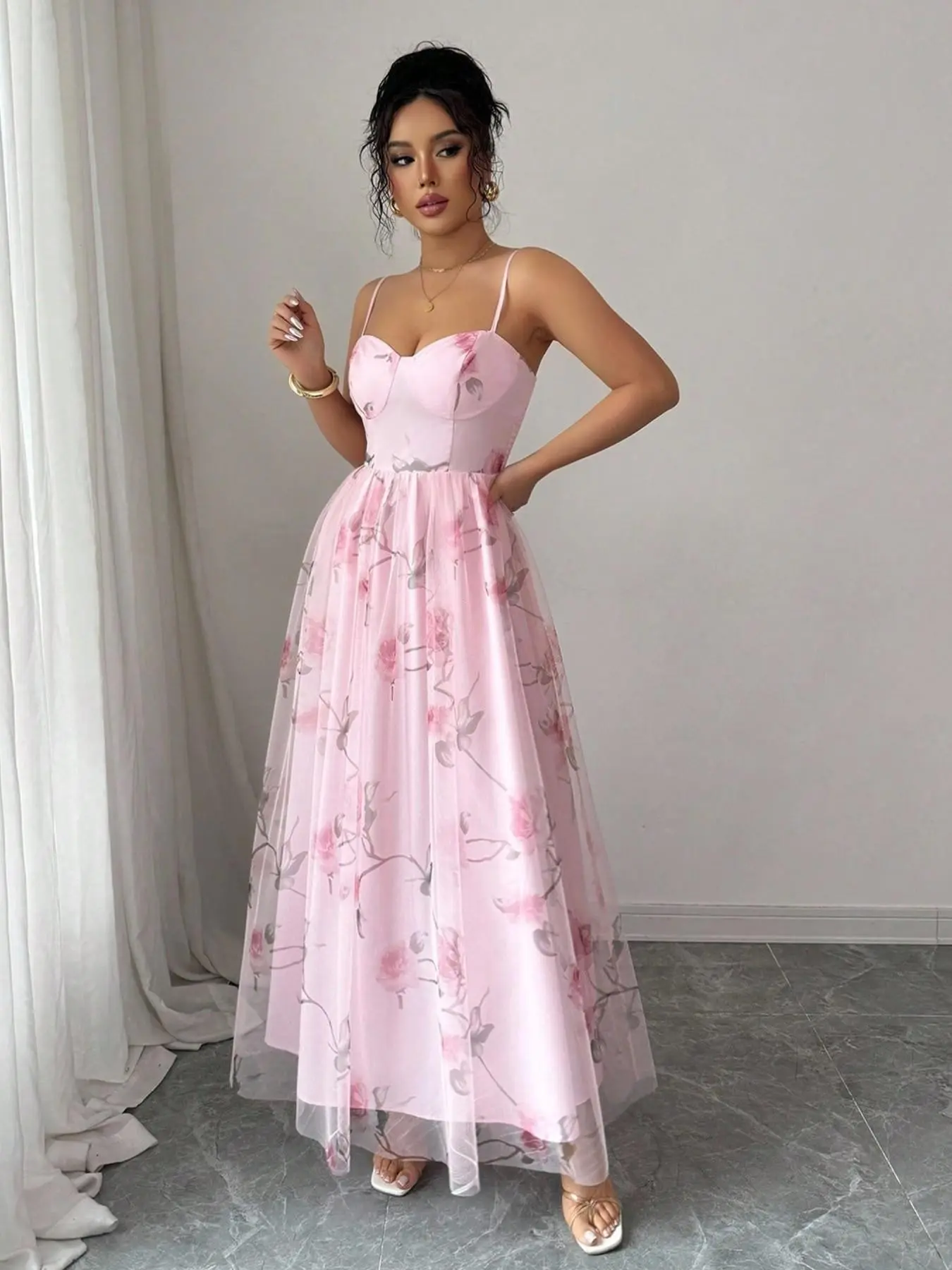 Formal Elegant Feminine Floral Print Tulle Fabric Corset Dress, Sweetheart Neck Party Dress for Events，Floral Mesh Long Dress, Heart Neckline Waist Cinch, Perfect for Wedding Guests, Bridesmaid, Cocktail Party, Brunch, Date, Vacation