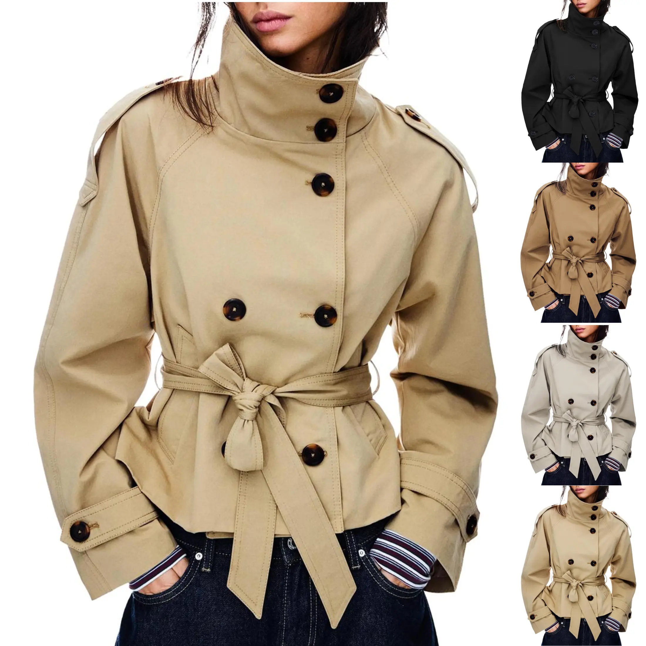 JovenPara Women's Cropped Trench Coat Double Breasted Short Jacket High Collar Fall Winter Coats Trendy Outfit with Belt,back to school,back to school shopping