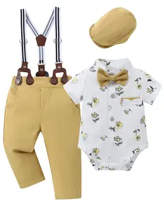 Baby Boy Cute Clothes Suits 0-18M Infant Gentleman Outfits, Short Sleeve Collar Shirt+Bowtie+Beret+Suspender Pants Clothing Set