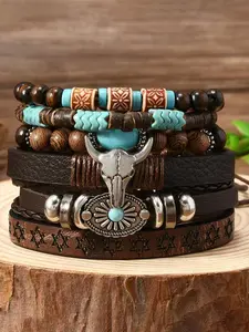 6 Piece Set Western Cowboy Style Leather Cow Head Faux Turquoise Coconut Shell Bracelet Set, Vintage Bohemian Casual Versatile Hand Jewelry