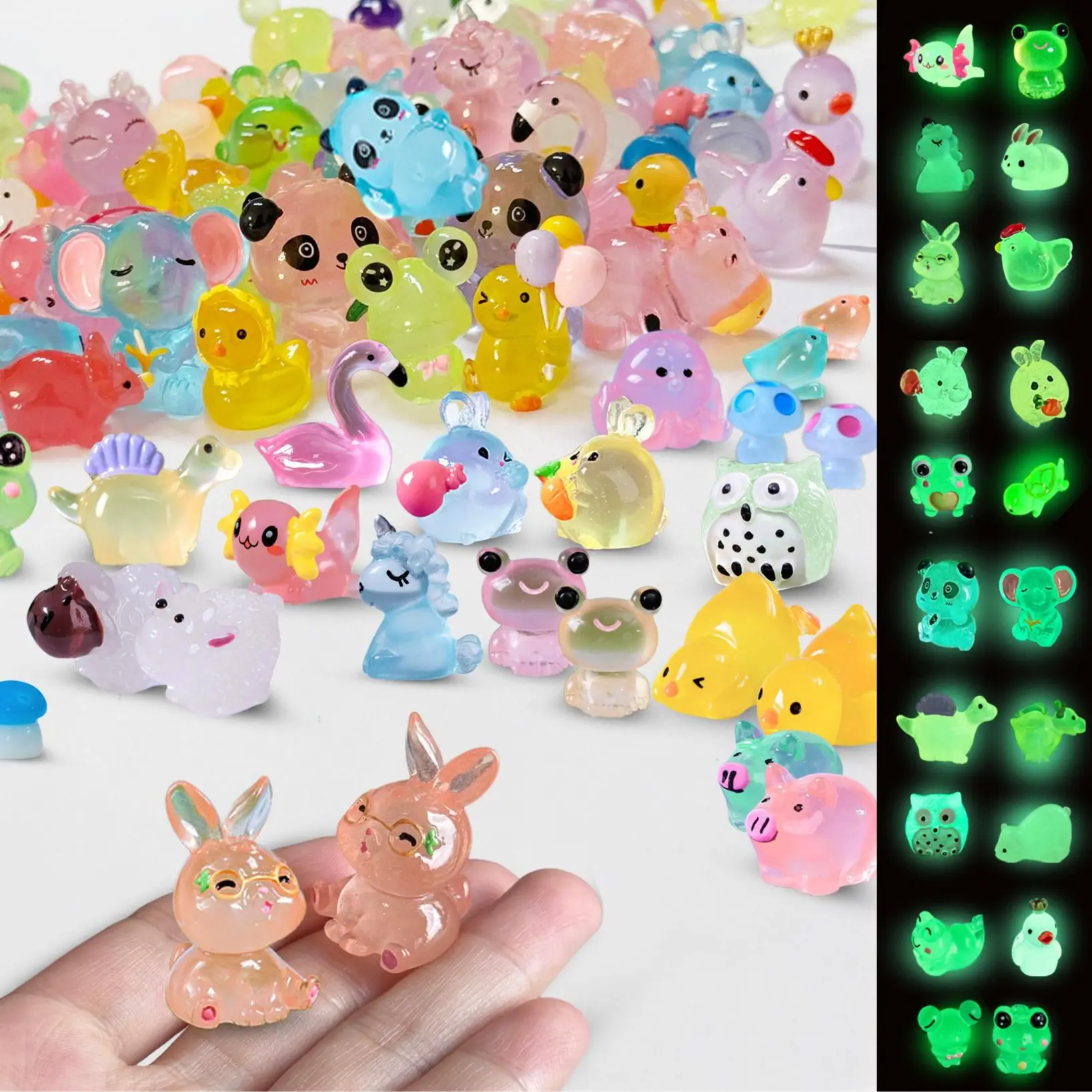 SparkleFab Luminous Mini Resin Animals 100 Pcs Tiny Animals Mini Ducks Owls Tiny Frogs Pandas Dinosaurs Small Birds Elephants Little Rabbits Glow in T
