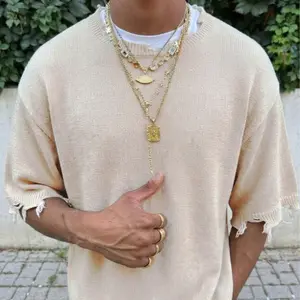 ANDREILEE Men's Shortleeve Korean Style Crewneck Plain Ripped Fringe Breathable Loose Knit Sweater - Unisex Casual Korean Knitwear for Spring Summer Daily Commute Streetwear, Shortsleeve