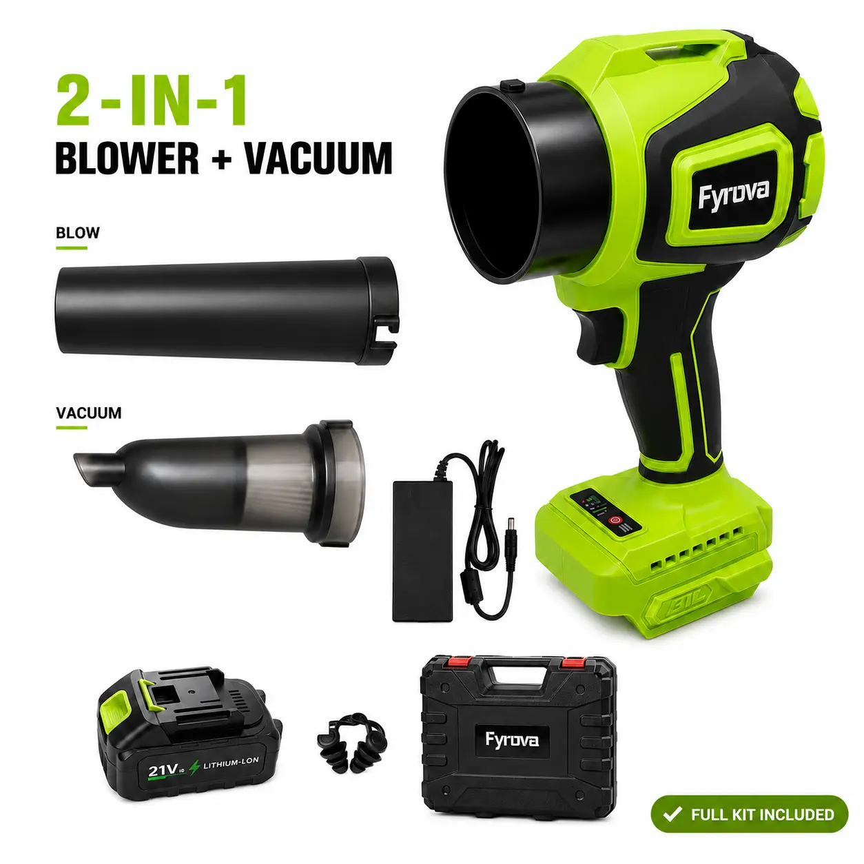 Fyrova Cordless Leaf Blower, Turbo Jet Blower, Car Drying After Wash, Handheld Snow Blower, Turbo Power Air Duster, 2-in-1 Blower & Vacuum, Garage Cleaning, Dust Removal, Snow & Leaves