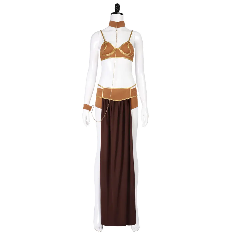 Princess Leia Brown Long Skirt Set with Bra Neck Collar and Shorts for Women Cosplay Costume