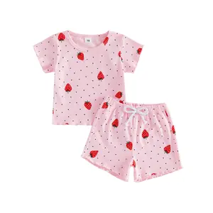 Toddler Girl 2-Piece Cotton Blend Summer Outfit - Short-Sleeve Crew Neck T-Shirt with Strawberry Dots Print, Matching Shorts, for Casual Daily Wear