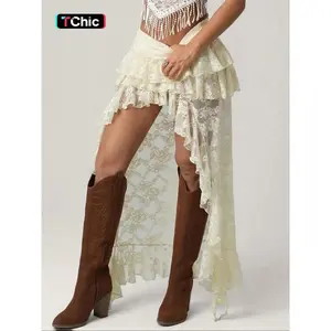 Women's asymmetrical lace layered skirt, elegant party vacation dress, women's summer outfitRAIMENTRY