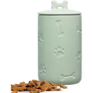 Farmhouse Style Pet Food Storage - Airtight Ceramic Treat Jar for Kitchen Counter - Large 9"x5" Dog Cookie Container with Lid - Reusable Food Dispenser for Dogs, Cats - Green Countertop Organizer dog water bowl dog  lick  mat dog  bowl  upgrade dog cat