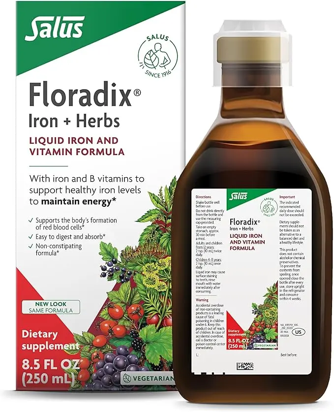Floradix by Salus Iron & Herbs - Liquid Herbal Supplement for Energy Support - Iron Supplement with Vitamin C & B Complex Vitamins - for Men & Women - 8.5 Fl Oz