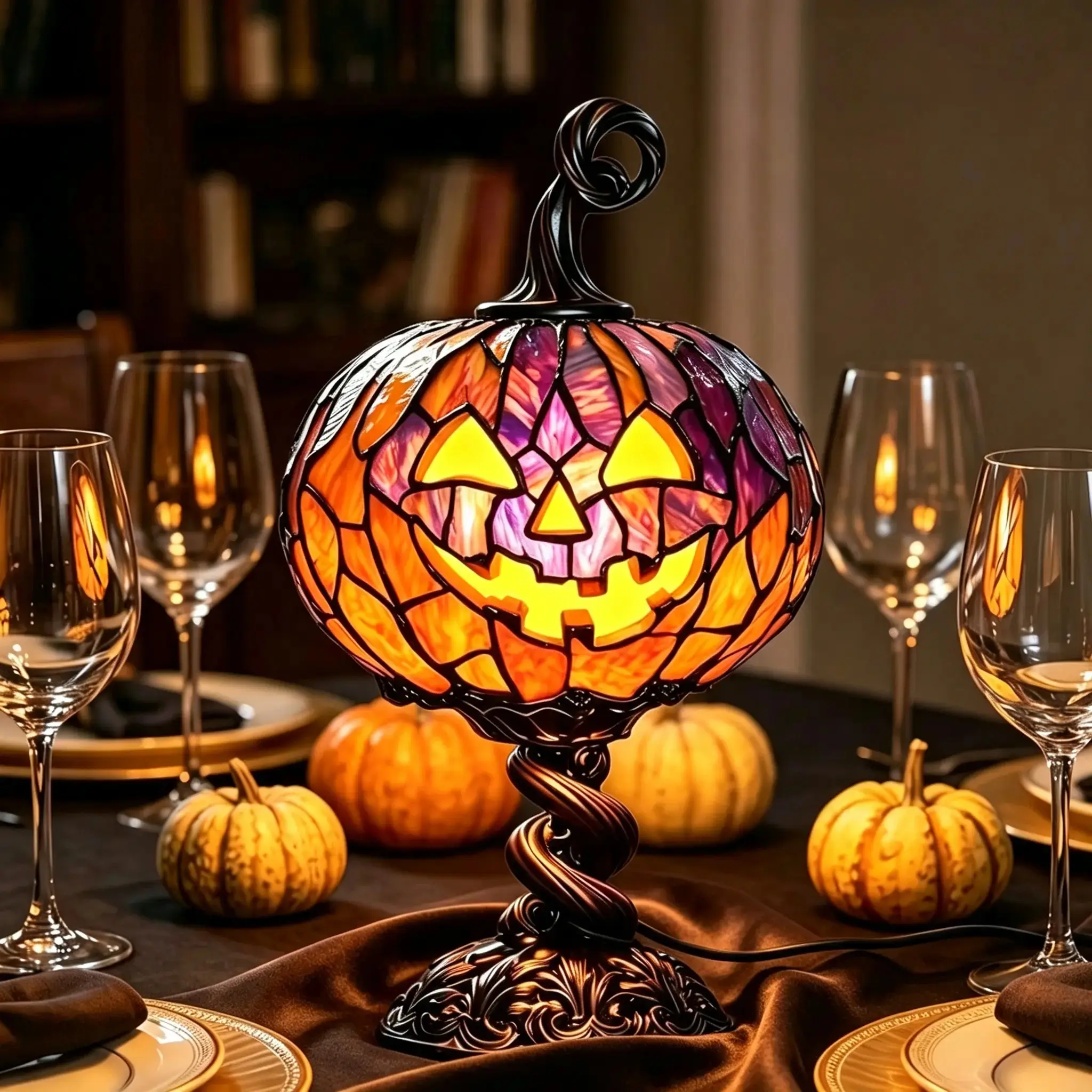 Vintage Stained Glass Jack O' Lantern Desk/Table Lamp, Retro Holiday Decor for Room Decorations, Halloween Christmas Decoration for Home Bedroom Dining Table Ornament Gift, Night Light