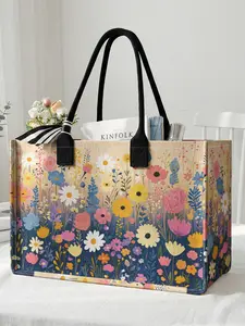 1 piece of colorful floral pattern 2D printed large capacity storage bag, extra large storage bag, sturdy handle, space-saving multi-purpose, suitable for use at school, on business trips, and shopping, Fashionable Shopping Bag