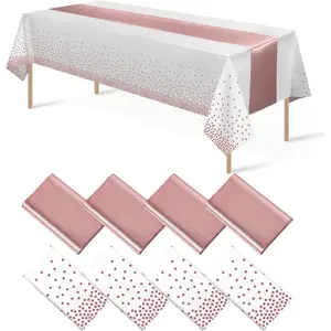 8 Pack Disposable Plastic Tablecloths and Satin Table Runner Set White and Rose Gold Dot Tablecloth Rose Gold Satin Table Runner for Wedding Birthday Baby Shower Anniversary Christmas New Year Party