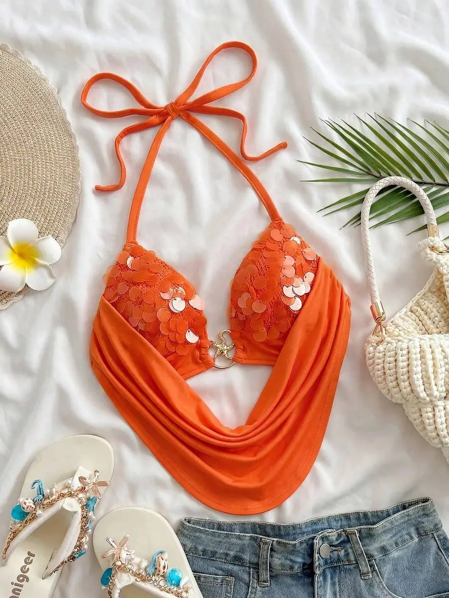 MOON Women's Orange Red Summer Casual Tropical Halter Backless Sequin Tie-Up Metallic Decor Fit Summer Top No Chest Padding