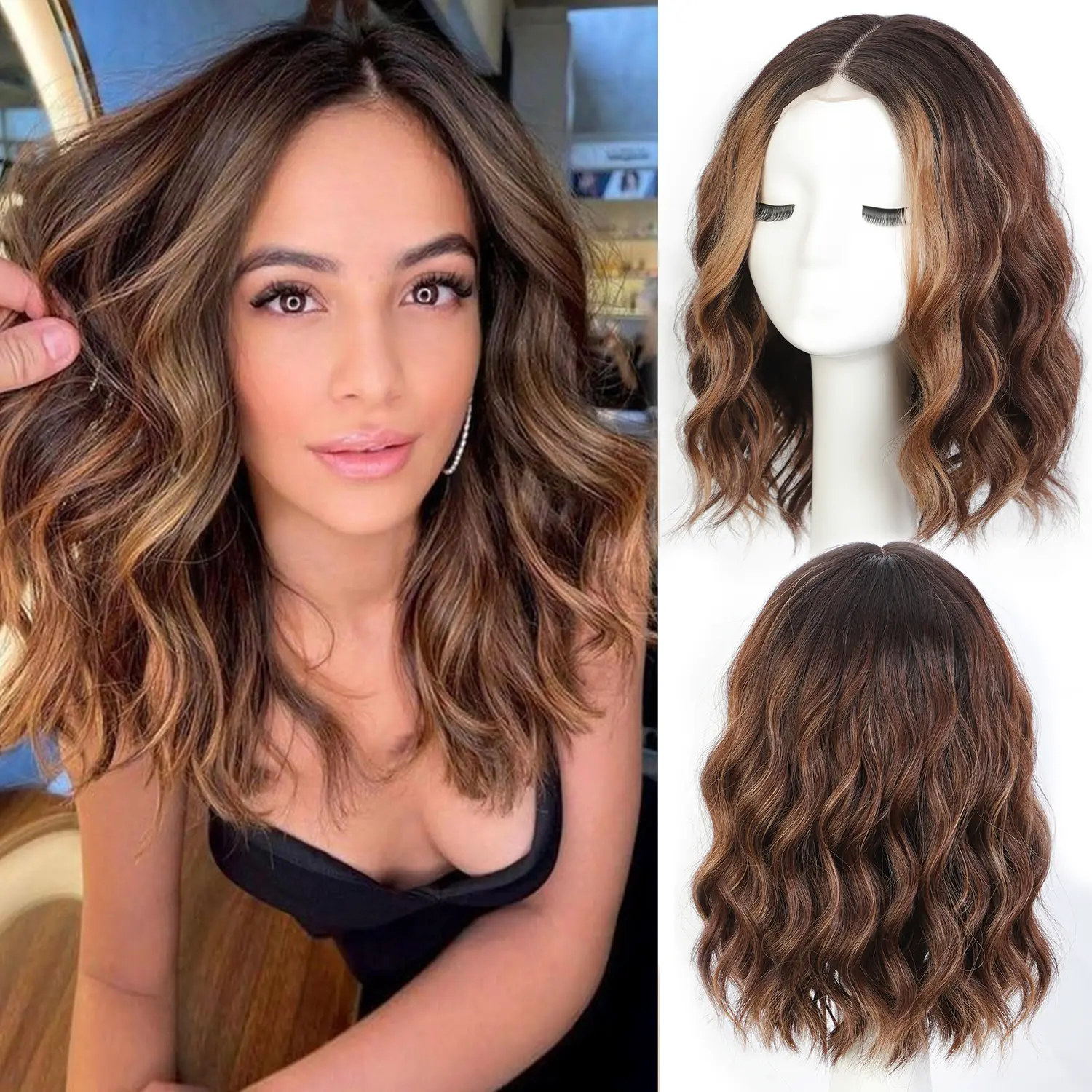 14 Inch Wavy Bob Wig for Women, Brown Highlight Heat Resistant Synthetic Hair, Beginner Friendly Glueless Lace Frontal for a Natural Look, Glueless Wig, Natural Looking Wig