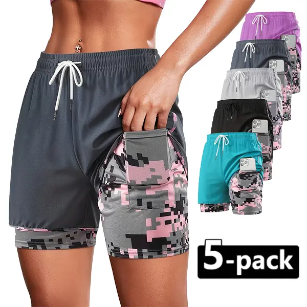5-piece set of women’s casual athletic shorts with built-in lining, drawstring, elastic waistband; suitable for outdoor sports, fitness, running, and casual wear; women’s shorts, athletic shorts, womenswear Athleisure Active Lifestyles