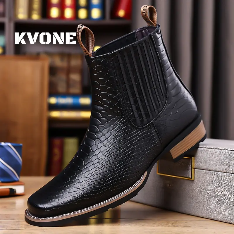KVONE-Crocodile Pattern square-toe chelsea work ankle boots, Versatile Men's Chelsea Boots,,British Retro Leather Boots, Versatile for Various Occasions,rustic work boot