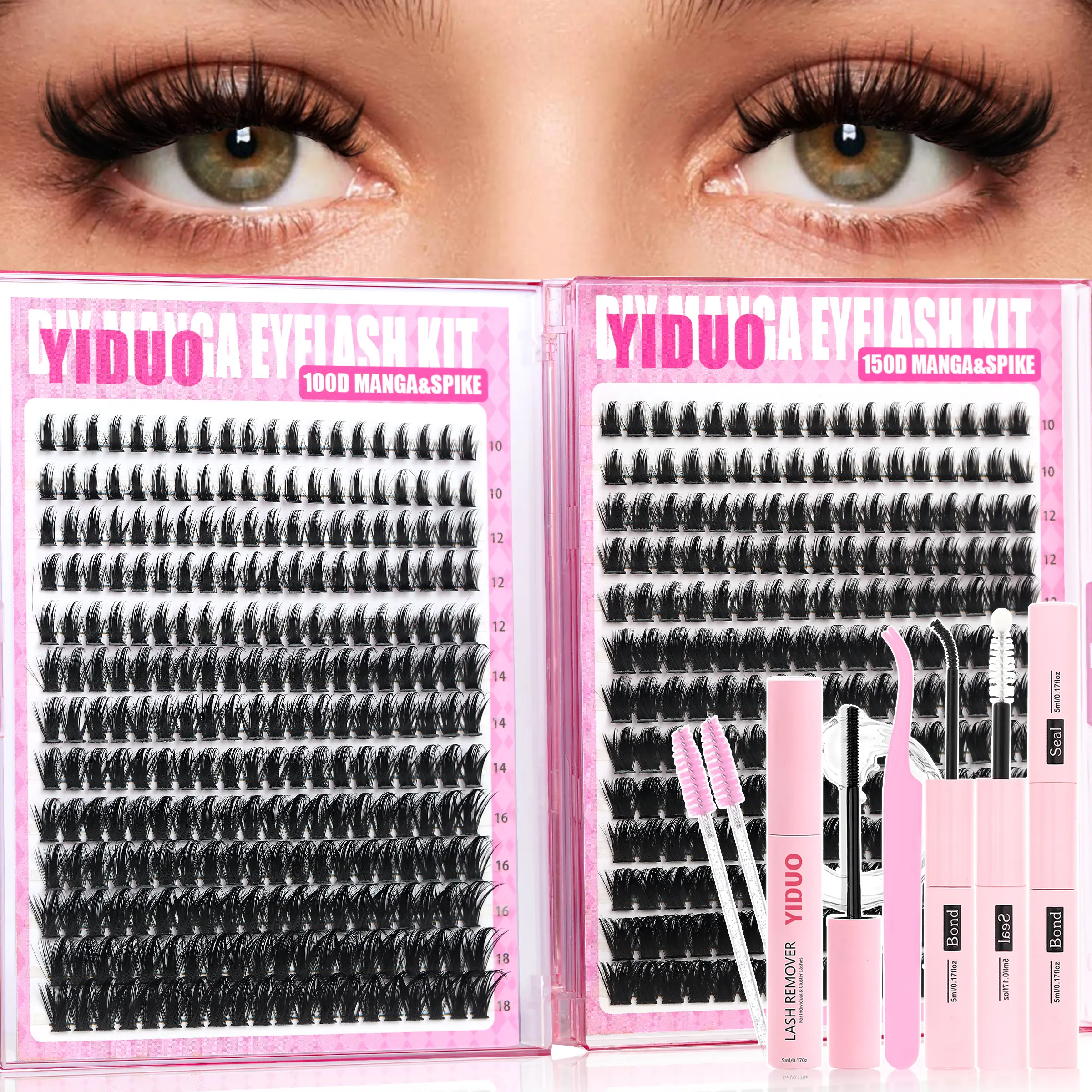 YIDUO Eyelash Cluster Kit 100D Manga&Spike and 150D Manga&Spike Wispy Lash Extensions Kit,  D-Curl 468 Pcs Eyelash Cluster Kit With Lash Bond and Seal Tweezers Remover Eyelash Brush DIY at Home Easily Eyelash Set