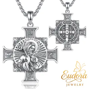 Eudora S925 Sliver St Benedict Pendant Necklace, San Benito Cross Medal for Him, Vintage Saint Benedict Amulet, Catholic Protection Amulet, Christian Jewelry Gift
