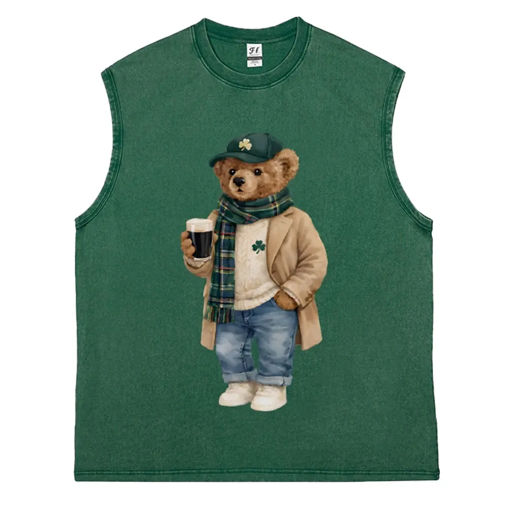Men's St. Patrick's Day Tank Top with Retro Lucky Bear Graphic, Vintage Washed 100% Cotton Fabric, Soft Breathable Loose Fit Sleeveless Vest