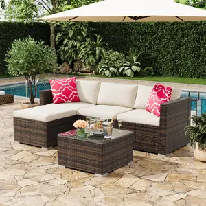 5-Piece Patio Furniture Set, Convertible Sectional Sofa Set with Ottoman & Tempered Glass Coffee Table, All-Weather PE Rattan Conversation Furniture for Garden, Backyard, Porch, Poolside
