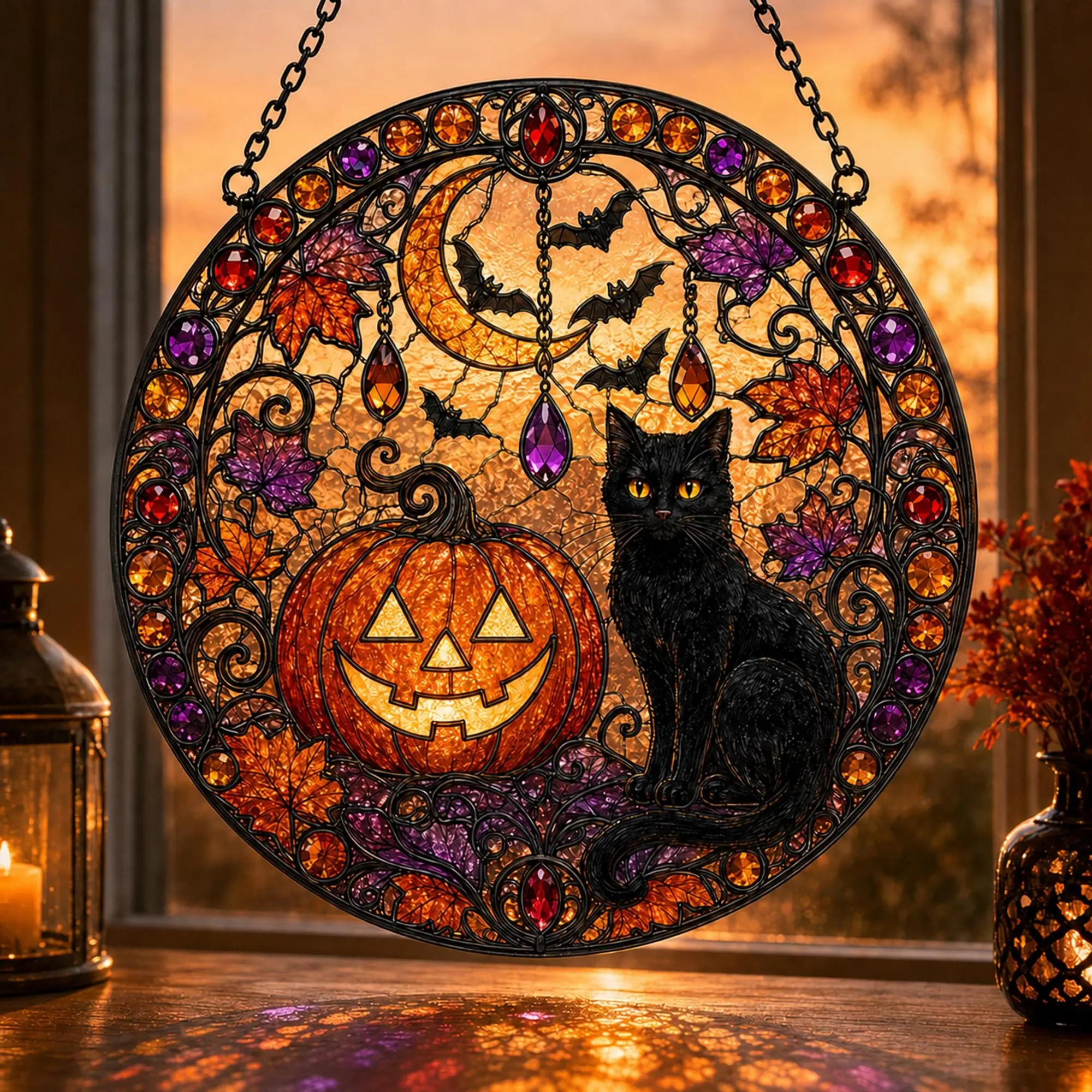 Black Cat Pumpkin Stained Glass Suncatcher: Halloween Window Hanging, Spooky Cat Decor