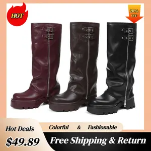 Women's Knee High Boots Round Toe Buckle Foldable Boots  Comfortable Platform Motorcycle Boots