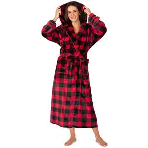 PAVILIA Plush Hooded Robe For Women, Buffalo Plaid Red Black Fluffy Soft Bathrobe with Hood, Fuzzy Warm Spa Cozy Fleece Long Robe