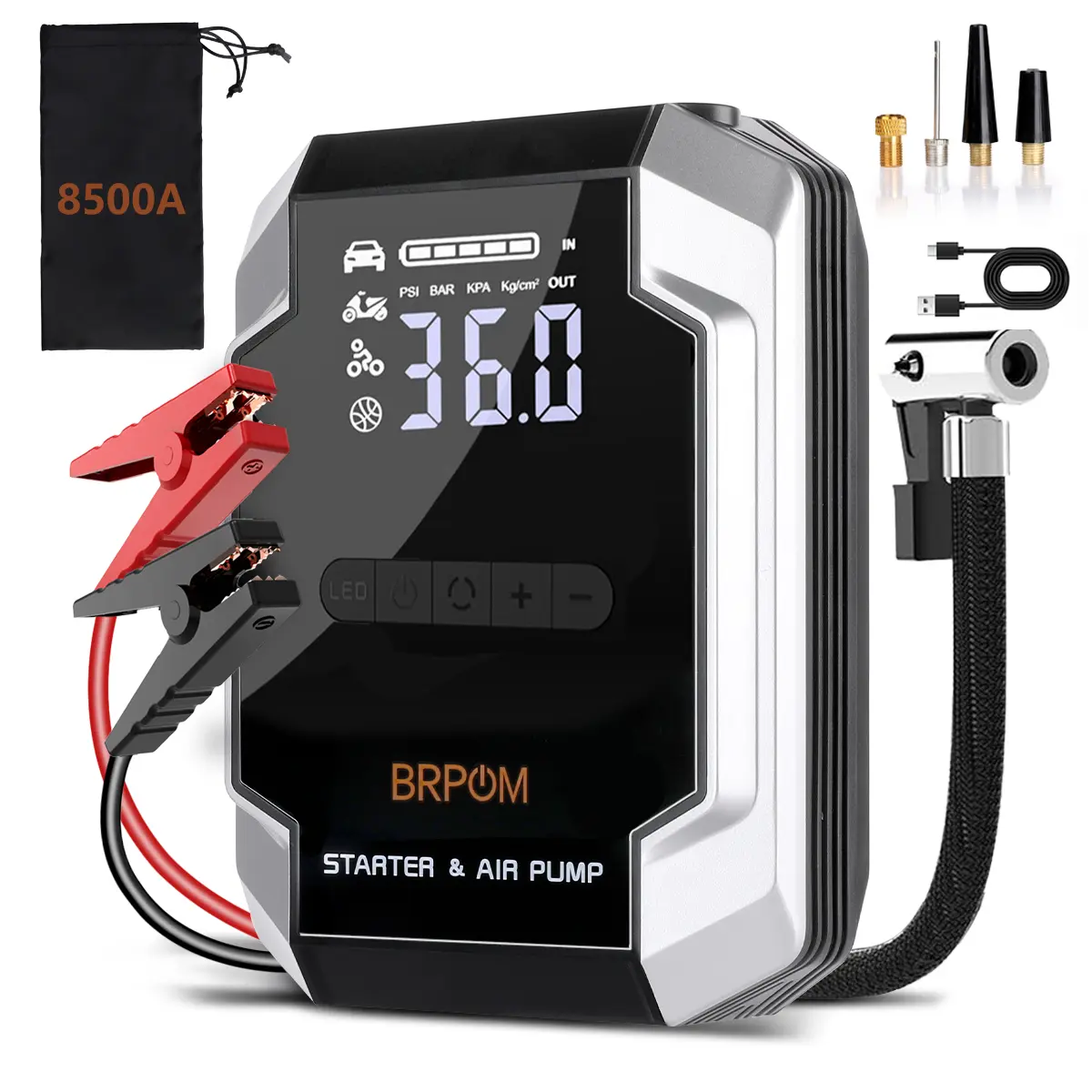 BRPOM 8500A Ultimate Roadside Savior: Jump Start All Gas/10L Diesel in Seconds! 150PSI Tire Inflator & Fast Charger Kit Car Tool Kit Automotive Tool Kit