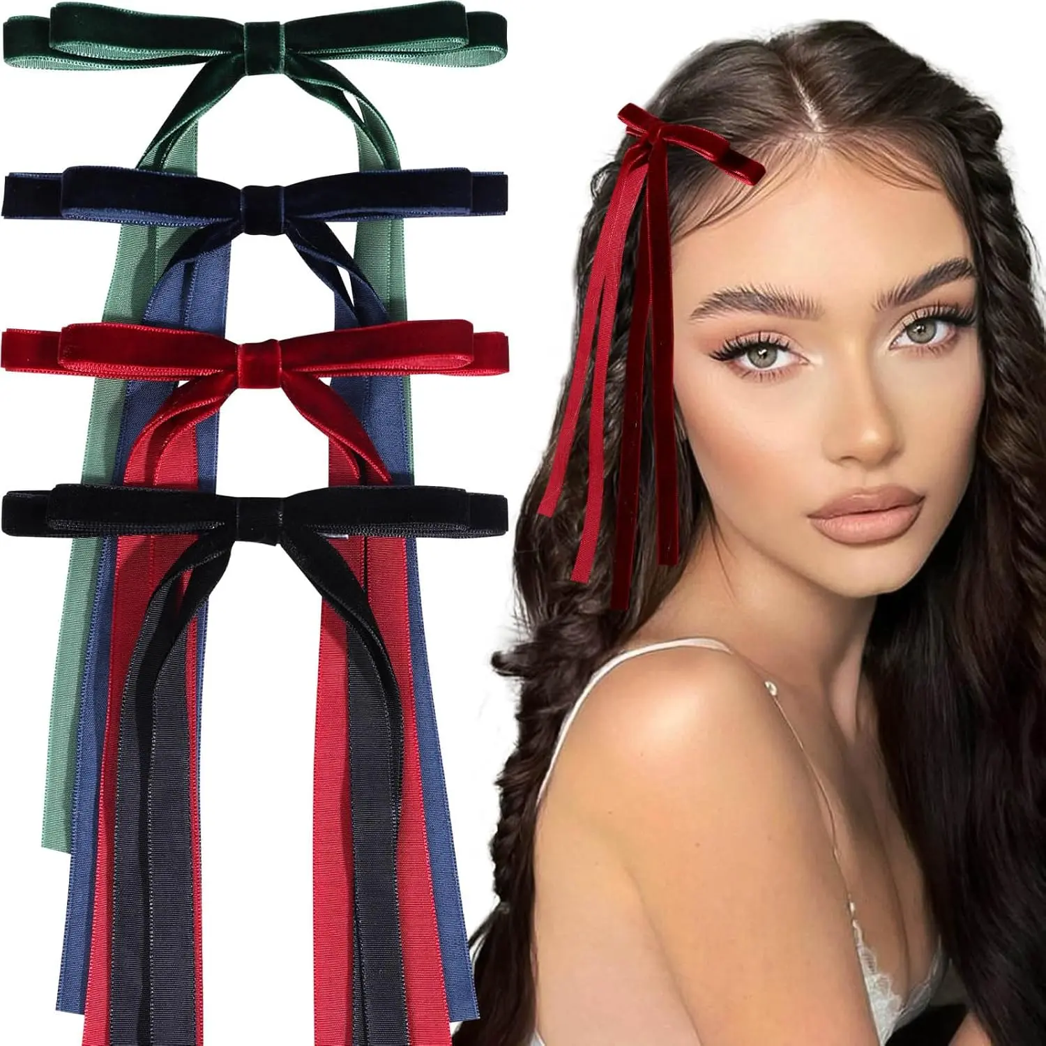4PCS Hair Bows for Women Girls, Black Tassel Ribbon Bowknot Hair Clips Barrettes for Girl with Long Tail, Solid Satin Hair Accessoriess (Black)