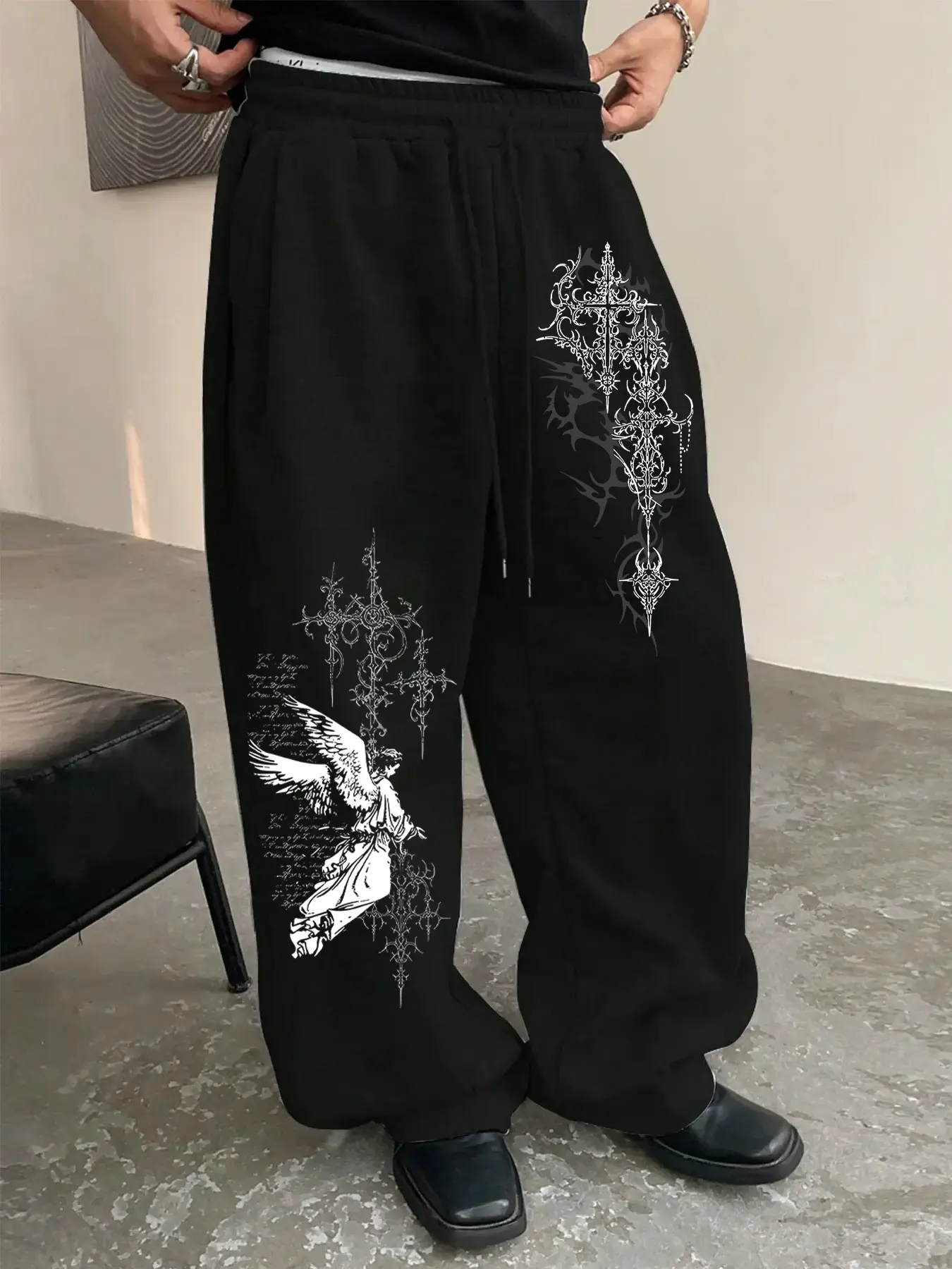 Men's Knit Sweatpants with Angel Print Design, Casual Bohemian Trousers, Boho Comfy Trousers, Elastic Waist for Easy Wear Fashion, Soft Stretchy Fabric, Spring & Fall