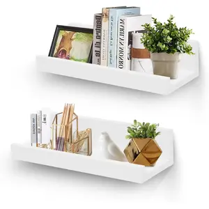 12" Small Floating Wall Ledge Shelves with Lip - Set of 2 Wood Floating Shelves - White Wall Mounted Picture Ledge for Office, Bathroom, Bedroom, Living Room, Kitchen