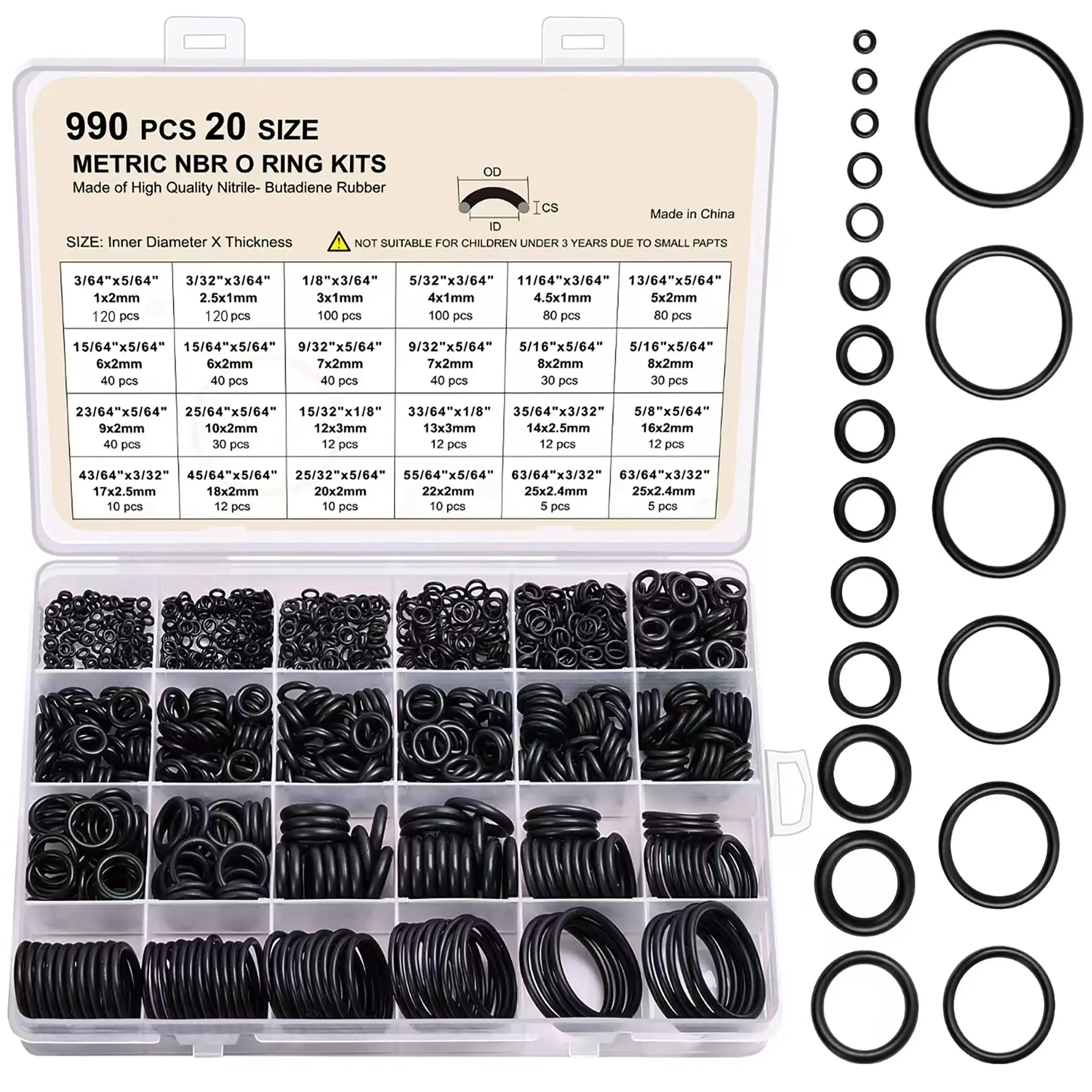 Rubber O-ring Kit Parts, 990pcs/set Round Cross-section Synthetic Rubber Gasket Combination, Heavy Duty Heat Resistant & Oil-proof Sealing Ring for High Pressure Cleaner, Pipe Hardware, Industrial