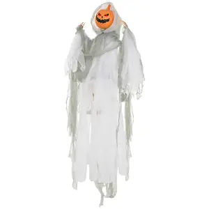 Hanging Pumpkin Ghost Decoration for Halloween Sound Sensor Triggers Growl and Glowing Eyes When Loud Noises Detected for Indoor Covered Patio Garage