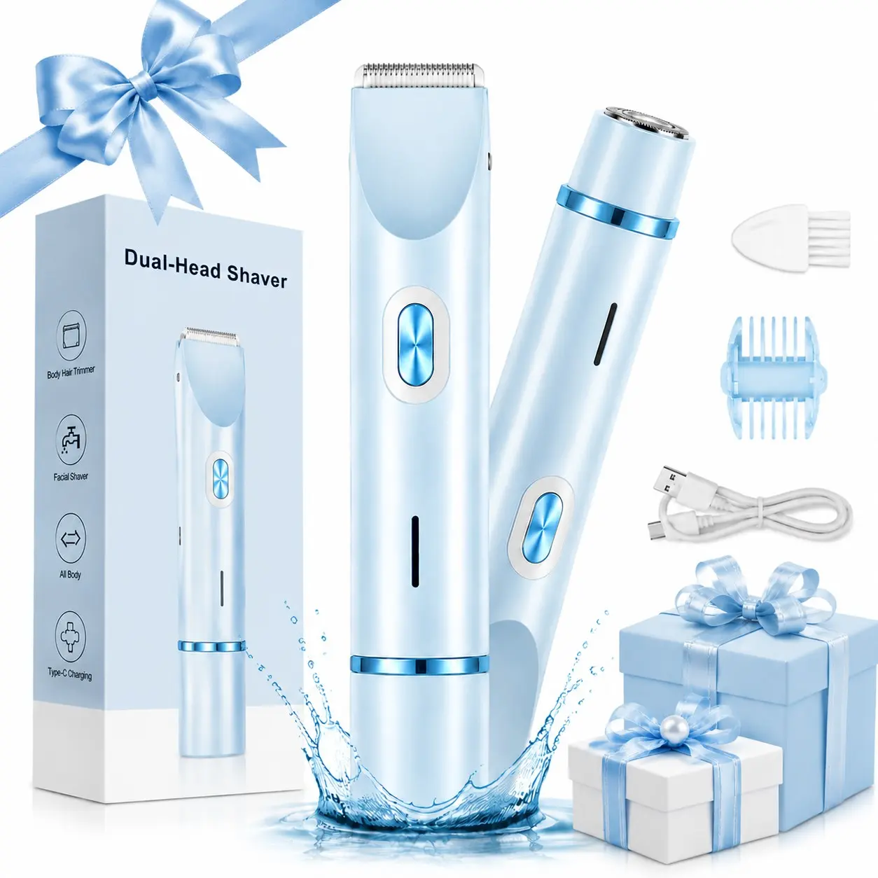 Women's Rechargeable 2-in-1 Electric Bikini Trimmer, Painless Dual Heads Shaver for Face & Underarms, Waterproof USB Cordless Razor for Body & Pubic Hair (Portable Summer Gift for Home & Vacation)#bikinitrimmer #hairremoval #summer wins#painlessshaving