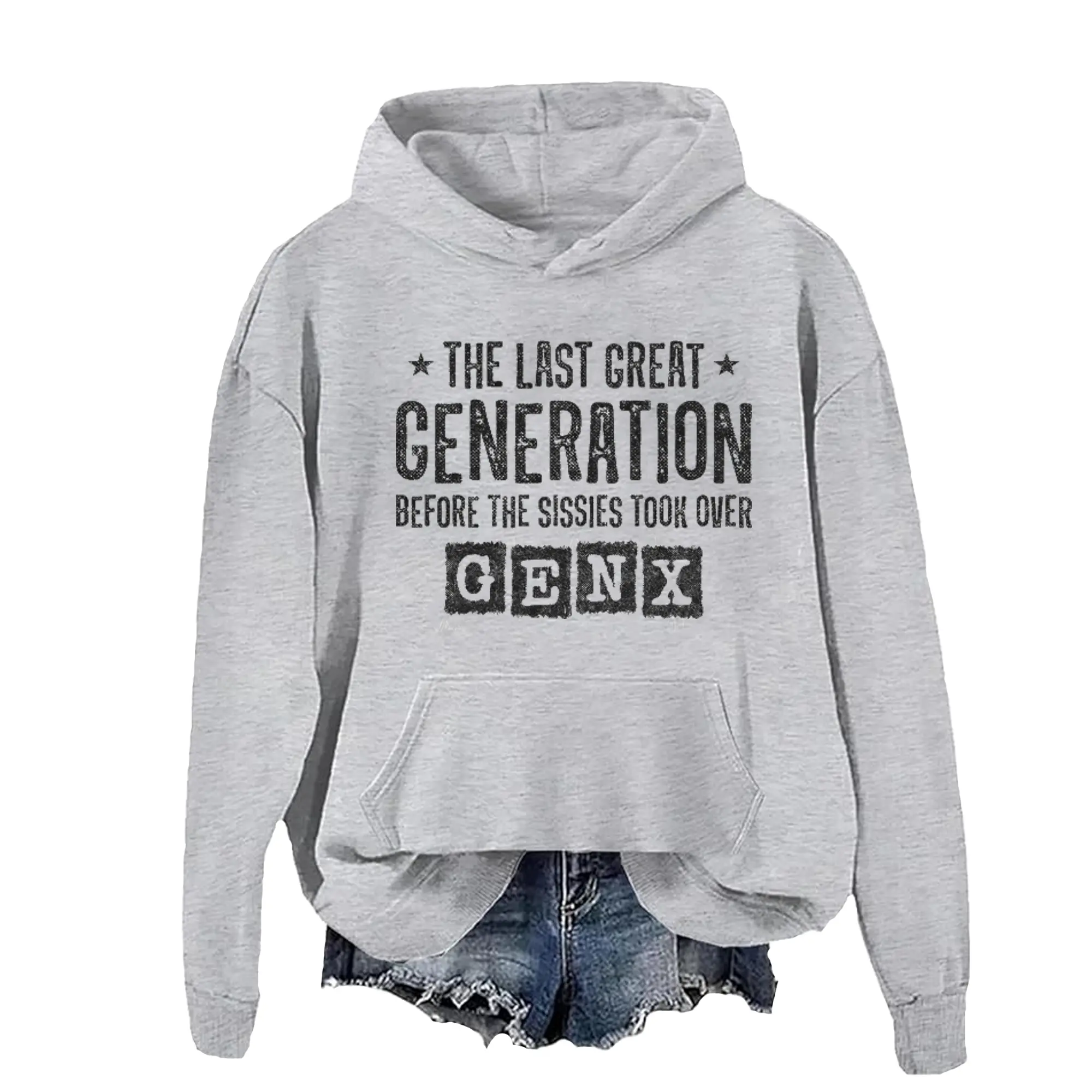 Women's Comfortable Fleece Stretch Pullover Hoodie - Gen X The Last Great Generation Digital Print, Made in USA, Vintage 90s Nostalgia, Classic Fit, 1 Pocket, Stylish All-Seasons Sweatshirts, Christmas Gift Idea