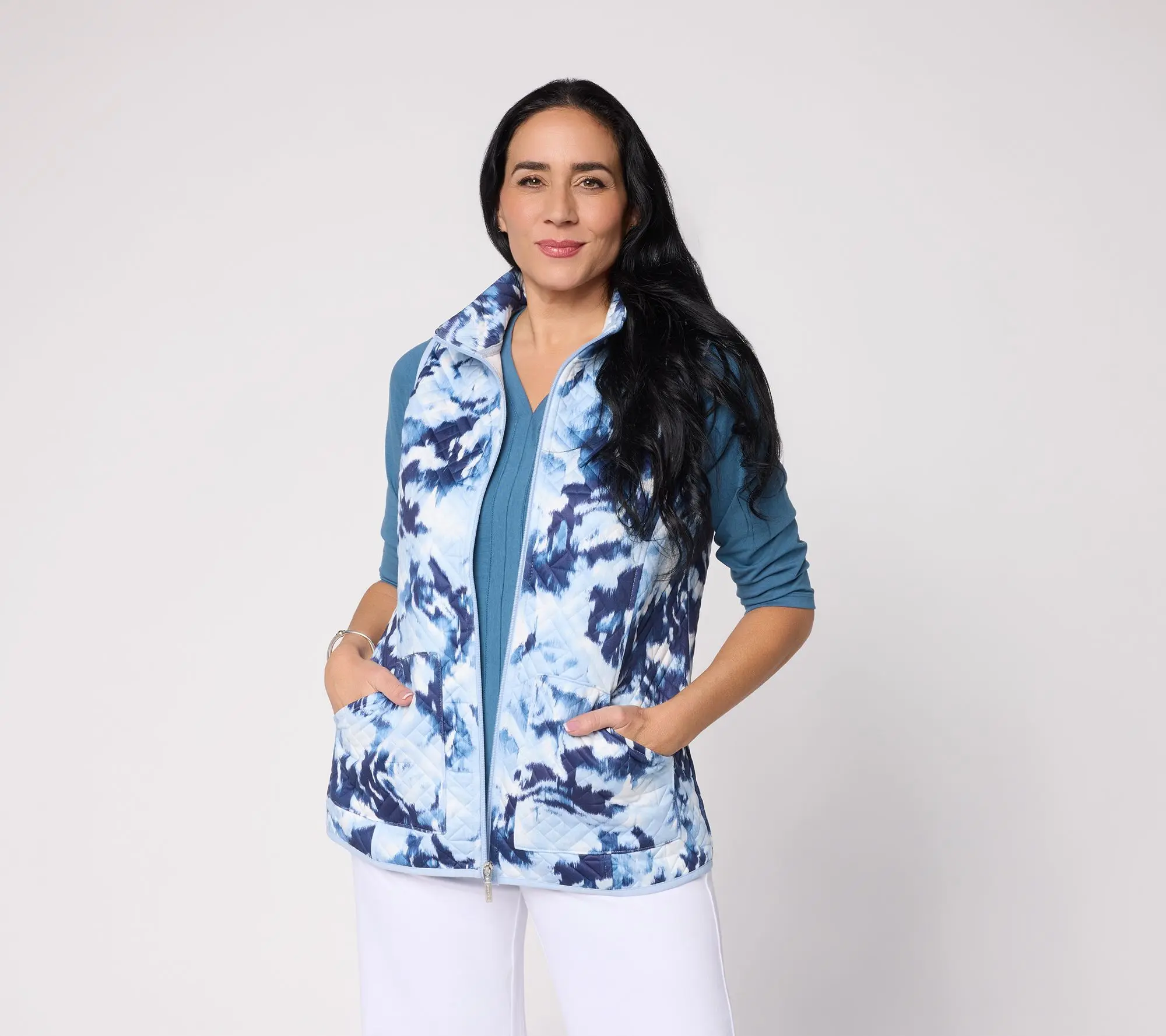 Denim & Co. Active Quilted Zip-Front Printed Vest