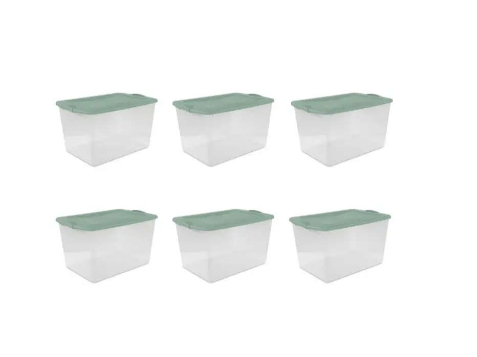 Sterilite Large Latching Storage Bin, 66 Quart Clear Plastic Storage Container with Latch Lid, Green Sage, 6 Pack