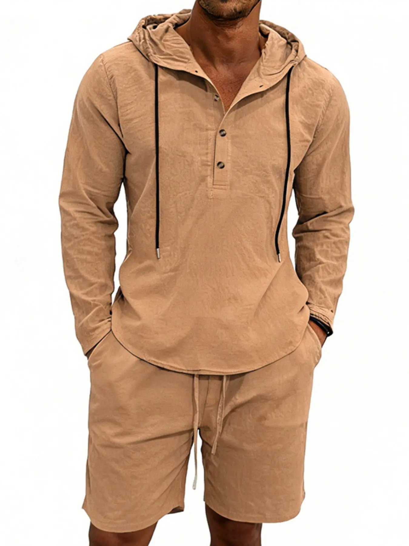 American Style Summer Loose Linen Breathable Casual Men's Set, Simple Long Sleeve Hooded Shorts, Solid Color