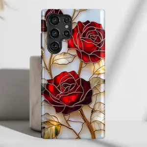 Red Rose Stained Glass Design Phone Case for  iPhone 17 16 15 14 13 12 Pro Max Plus X, Samsung Galaxy S25 S24 S23 S22 S21 Ultra