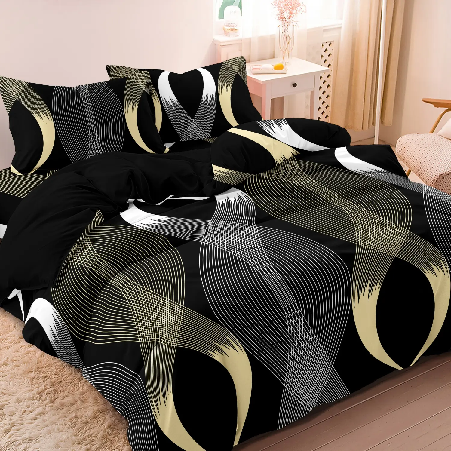 3pcs Set Black Gold White Geometric Print Decorative Duvet Cover Set Suitable For Bedroom Hotel Inn School Dormitory Can Be Used As Holiday Gifts Modern Bedding Set (1*Duvet Cover + 2 Pillowcases, No Comforter, No Pillow)