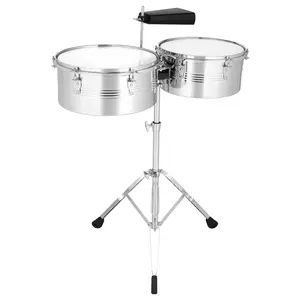 Timbales Drum Set with 13" & 14" Drums, Cowbell, and Adjustable Stand, Durable Metal Percussion Instrument for Musicians, Silver